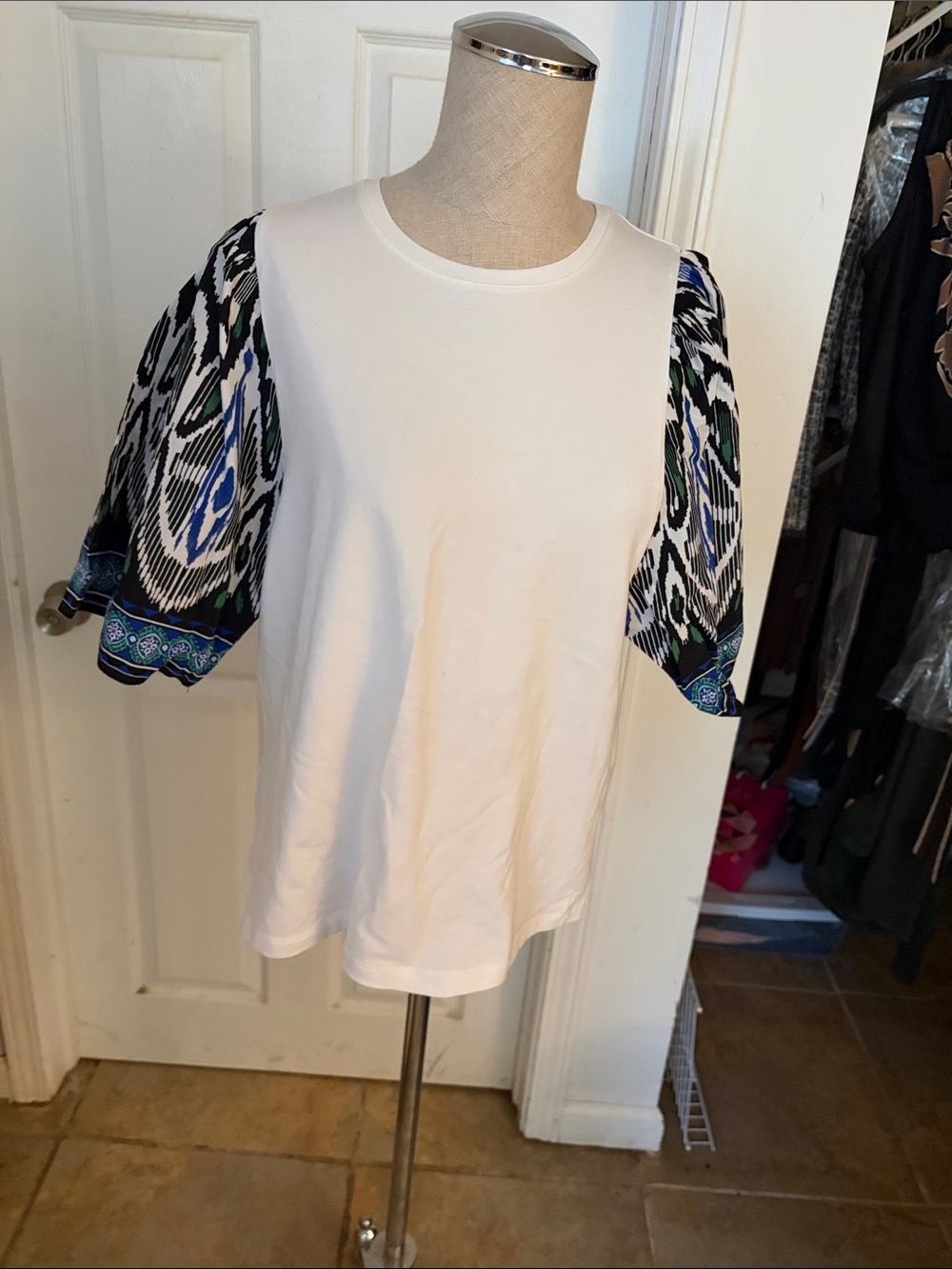 Chico's White Tee with Patterned Puff Sleeves